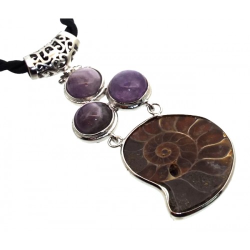 Ammonite Fossil and Amethyst Gemstone Pendant 01